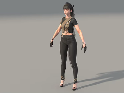 Woman With Ponytail Wearing Black Short Sleeve Crop Top Skinny Jeans Gloves And Heels 3d model