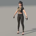 Woman With Ponytail Wearing Black Short Sleeve Crop Top Skinny Jeans Gloves And Heels