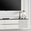 Modern TV Background Wall With Circular Mirror Decorative Figurines And White Cabinet Design