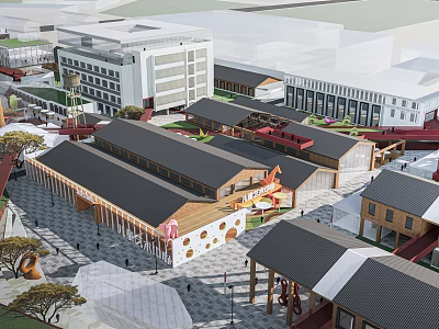 Park Landscape With Traditional Sloped Roof Buildings Open Square Green Trees And Modern Structures 3d model