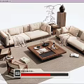 Modern Beige Sofa And Wooden Coffee Table Set With Side Tables Accent Chairs And Throw Blanket
