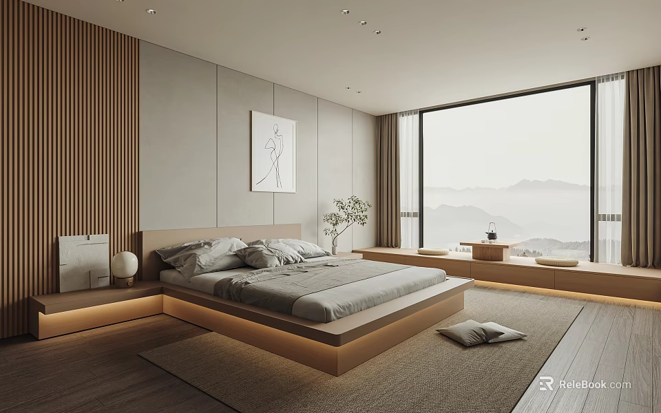 Modern Minimalist Bedroom Interior With Wooden Panel Walls And Mountain View 3d model 