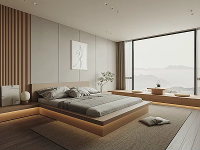 Modern Minimalist Bedroom Interior With Wooden Panel Walls And Mountain View 3d model