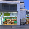 Modern Commercial Street With Multi Story Building Storefronts And Pedestrians Walking