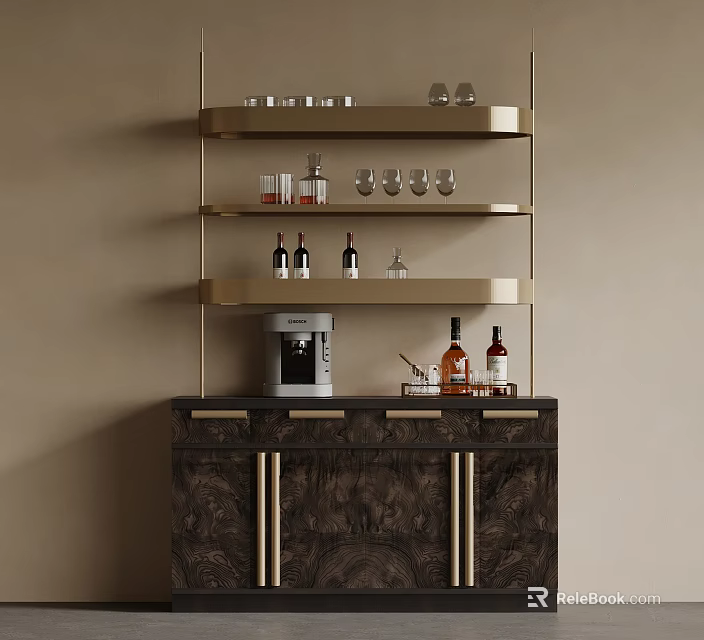 Elegant Modern Wine Cabinet With Gold Open Shelves And Functional Home Bar Storage Design 3d model 