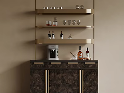 Elegant Modern Wine Cabinet With Gold Open Shelves And Functional Home Bar Storage Design 3d model