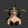 Fantasy Woman Sculpture With Blonde Hair Green Gold Horned Headdress Dramatic Makeup And Colorful Wings