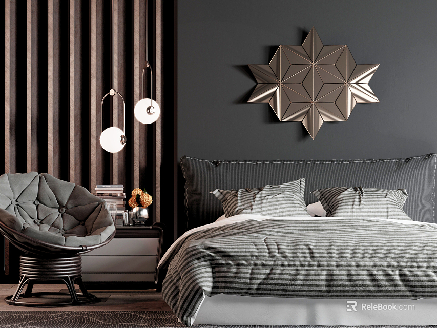 Modern Bedroom With Bed As Background Wooden Slat Wall Geometric Decorative Mirror And Gray Armchair 3d model 