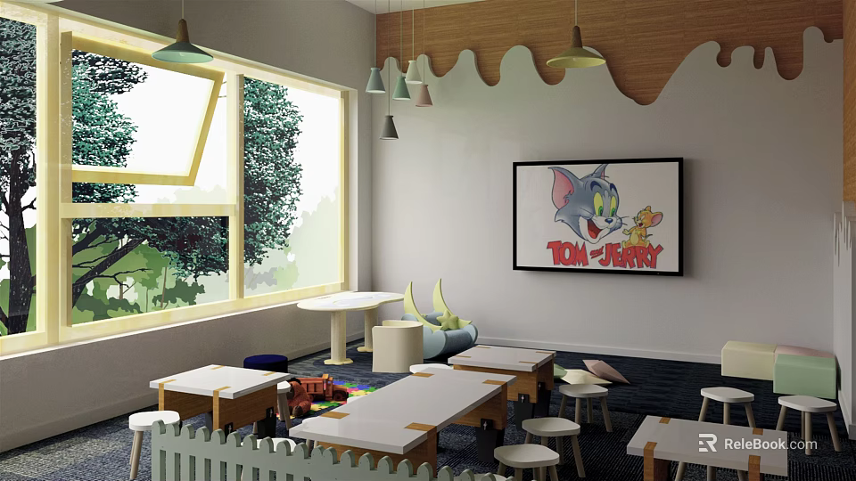 Kindergarten Classroom Interior With Tom and Jerry Poster Tables Chairs Toys and Hanging Lamps 3d model 