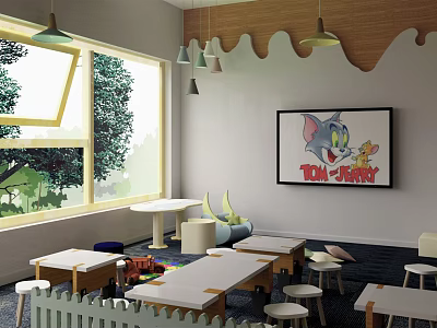 Kindergarten Classroom Interior With Tom and Jerry Poster Tables Chairs Toys and Hanging Lamps 3d model