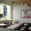 Kindergarten Classroom Interior With Tom and Jerry Poster Tables Chairs Toys and Hanging Lamps