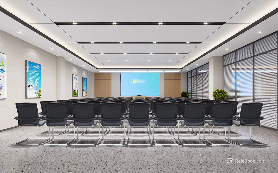 Modern Conference Room Interior With Arranged Chairs Projection Screen And Wall Decor 3d model
