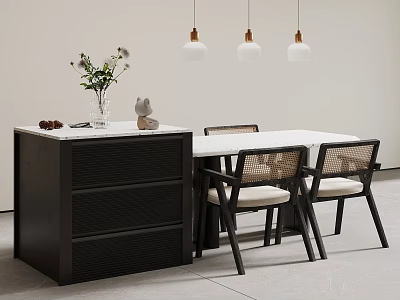 Modern Kitchen Dining Area With Black Cabinets White Marble Countertop Rattan Chairs And Pendant Lights 3d model
