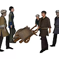 Group Of People In Traditional Attire With A Wooden Wheelbarrow