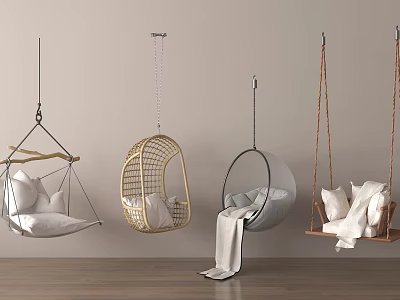 Various Stylish Indoor Hanging Chairs With Wicker Spherical Wooden Designs White Cushions And Soft Blanket 3d model