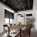 Modern Meeting Room With Wooden Long Table Black Pendant Lights Black Blinds And Bookshelves