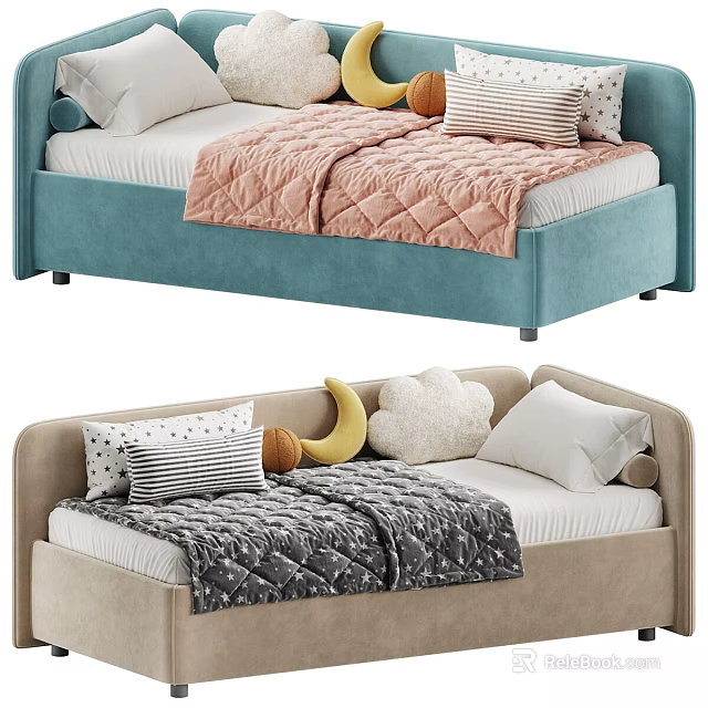 Blue And Beige Kids Bed With Pink Gray Quilts And Banana Cloud Shaped Pillows 3d model 