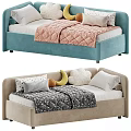 Blue And Beige Kids Bed With Pink Gray Quilts And Banana Cloud Shaped Pillows