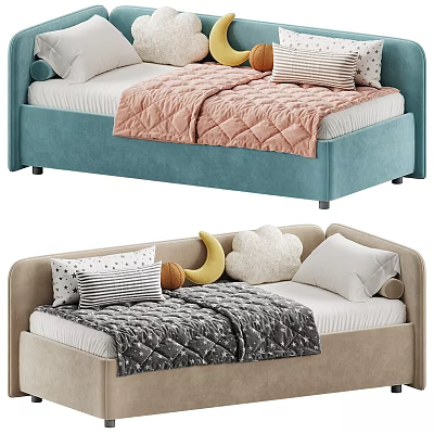 Blue And Beige Kids Bed With Pink Gray Quilts And Banana Cloud Shaped Pillows 3d model