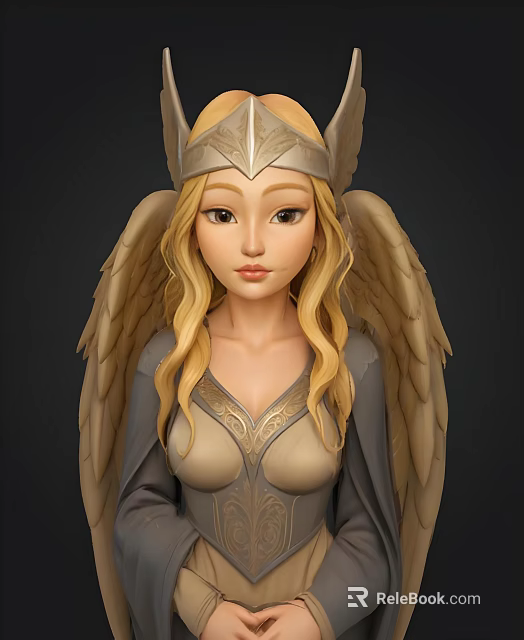 Mythical Female Character With Golden Wings And Ornate Crown In Elegant Attire 3d model 