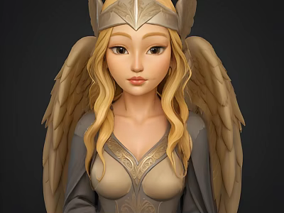 Mythical Female Character With Golden Wings And Ornate Crown In Elegant Attire 3d model