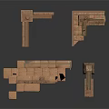 Brown Brick Building Models With Various Architectural Structures And Details