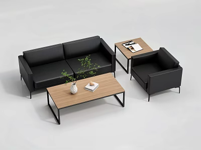 Modern Black Sofa Coffee Table Set With Wooden Tables Armchair Green Plant And Magazine 3d model