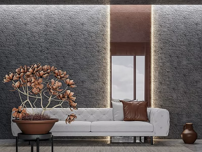 Indoor Plant Arrangement With White Sofa Brown Cushion Black Side Table And Terracotta Pot 3d model