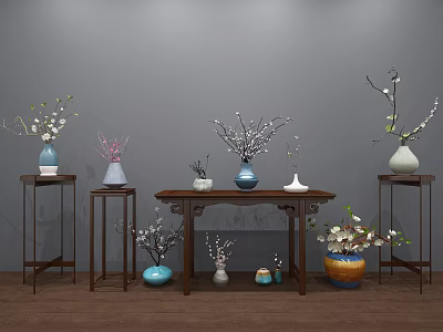 Beautiful Vase And Flower Decor With Ceramic Vases Plum Blossoms On Wooden Stands And Table 3d model
