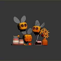 Cartoon Bees With Honey Jars Cake And Sunflower On Gray Background