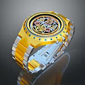 Luxury Mechanical Watch With Gold Strap And Blue Accents For Fashion Accessories