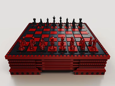 Elegant Red And Black Chess Set With Checkered Board And Decorative Pieces 3d model