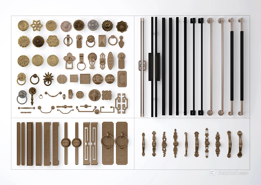 Assorted Metal Cabinet Handles With Different Shapes And Finishes For Furniture Doors 3d model 