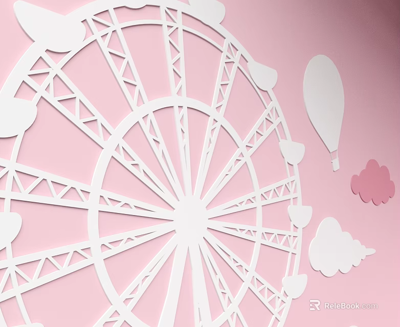 Cute Ferris Wheel Wall Decor with White Balloons and Clouds on Pink Background 3d model 