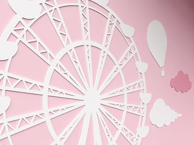 Cute Ferris Wheel Wall Decor with White Balloons and Clouds on Pink Background 3d model