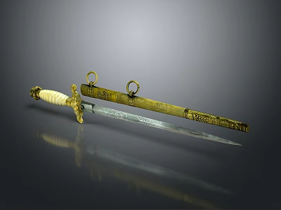 Ancient Decorative Sword With Golden Scabbard White Handle And Engraved Patterns 3d model