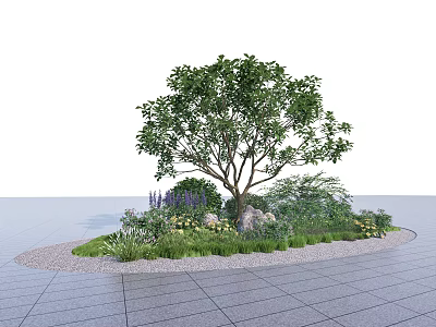 Flower Bed and Planter with Large Tree Colorful Flowers Decorative Stones and Paved Ground 3d model