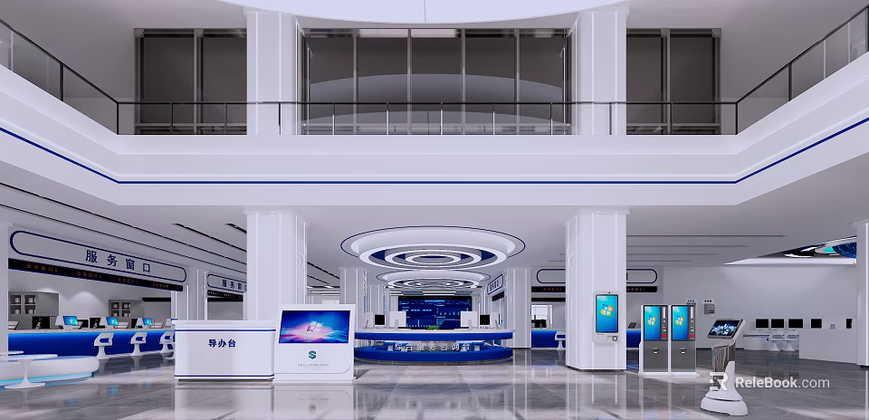 Modern Spacious Service Hall Interior With White Pillars Blue Counters And Electronic Screens 3d model 