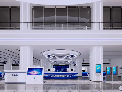 Modern Spacious Service Hall Interior With White Pillars Blue Counters And Electronic Screens 3d model