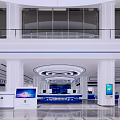 Modern Spacious Service Hall Interior With White Pillars Blue Counters And Electronic Screens