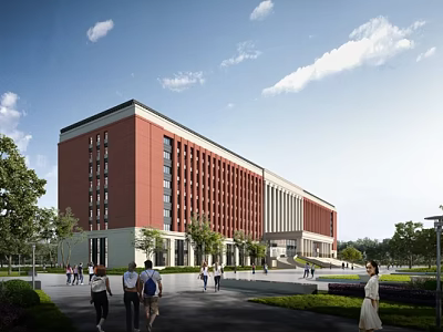 Red Brick School Building With Modern Multi Story Design And Green Campus Surroundings 3d model