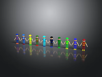 Colorful Cartoon Characters Standing In Row With Multi Colored Outfits Hats On Gray Background Reflections 3d model