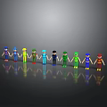 Colorful Cartoon Characters Standing In Row With Multi Colored Outfits Hats On Gray Background Reflections
