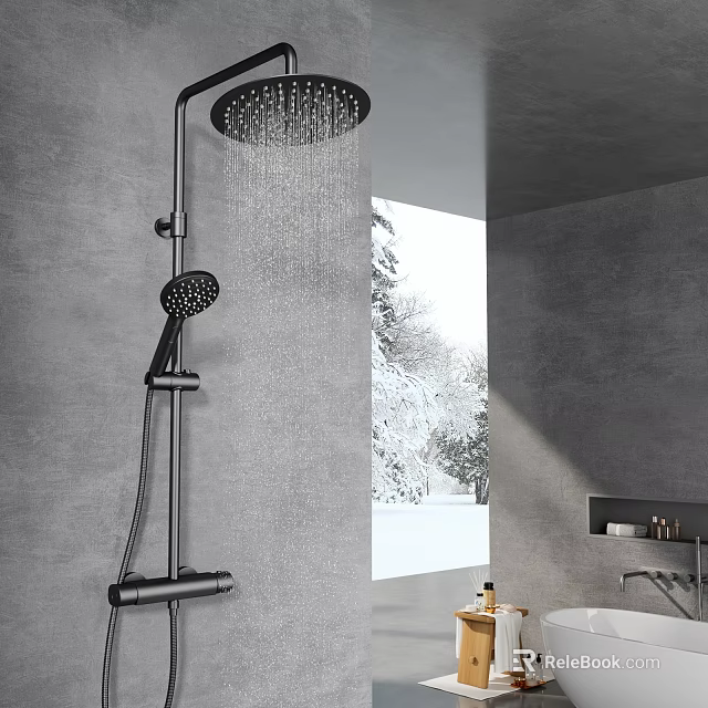 Modern Minimalist Bathroom With Premium Black Dual Rain Shower And Matte Grey Concrete Interior 3d model 