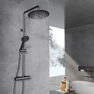 Modern Minimalist Bathroom With Premium Black Dual Rain Shower And Matte Grey Concrete Interior 3d model