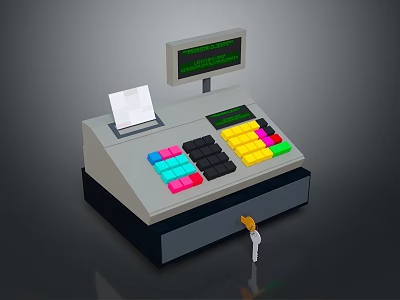 Cash Register With Display Screen Colorful Keypad Receipt And Drawer Key 3d model
