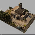 Ancient Stone Building With Tower Tile Roof Arched Windows And Surrounding Trees Round Fountain