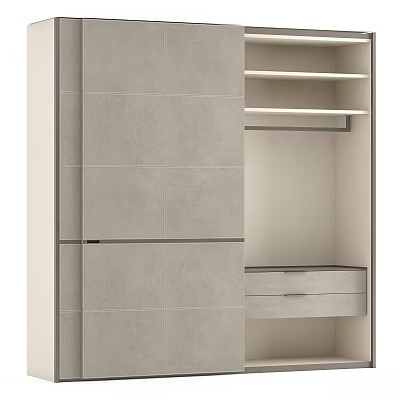 Modern Minimalist Wardrobe Design With Sliding Doors Hanging Rod Shelves And Drawers 3d model