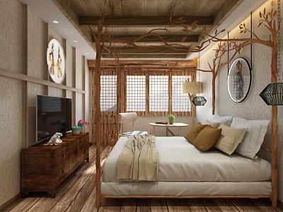 Hotel Guest Room With Rustic Wooden Decor Bed Windows And Pillows 3d model