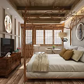 Hotel Guest Room With Rustic Wooden Decor Bed Windows And Pillows